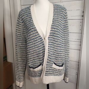 Liz Claiborne Womens XXL Cardigan Sweater Open Front Striped Knit Pocket Coastal